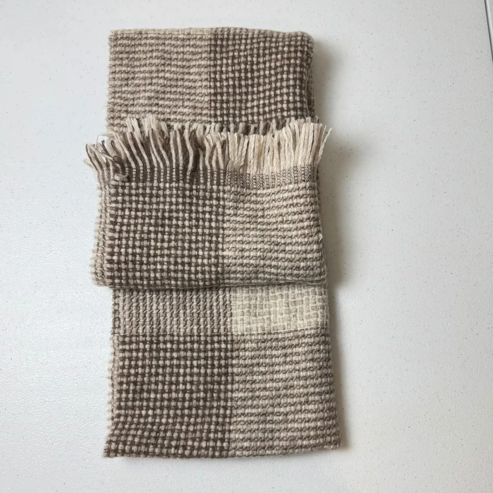 J.Crew Wool Alpaca Scarf Made in Italy Brown Cream Check Fringe Winter